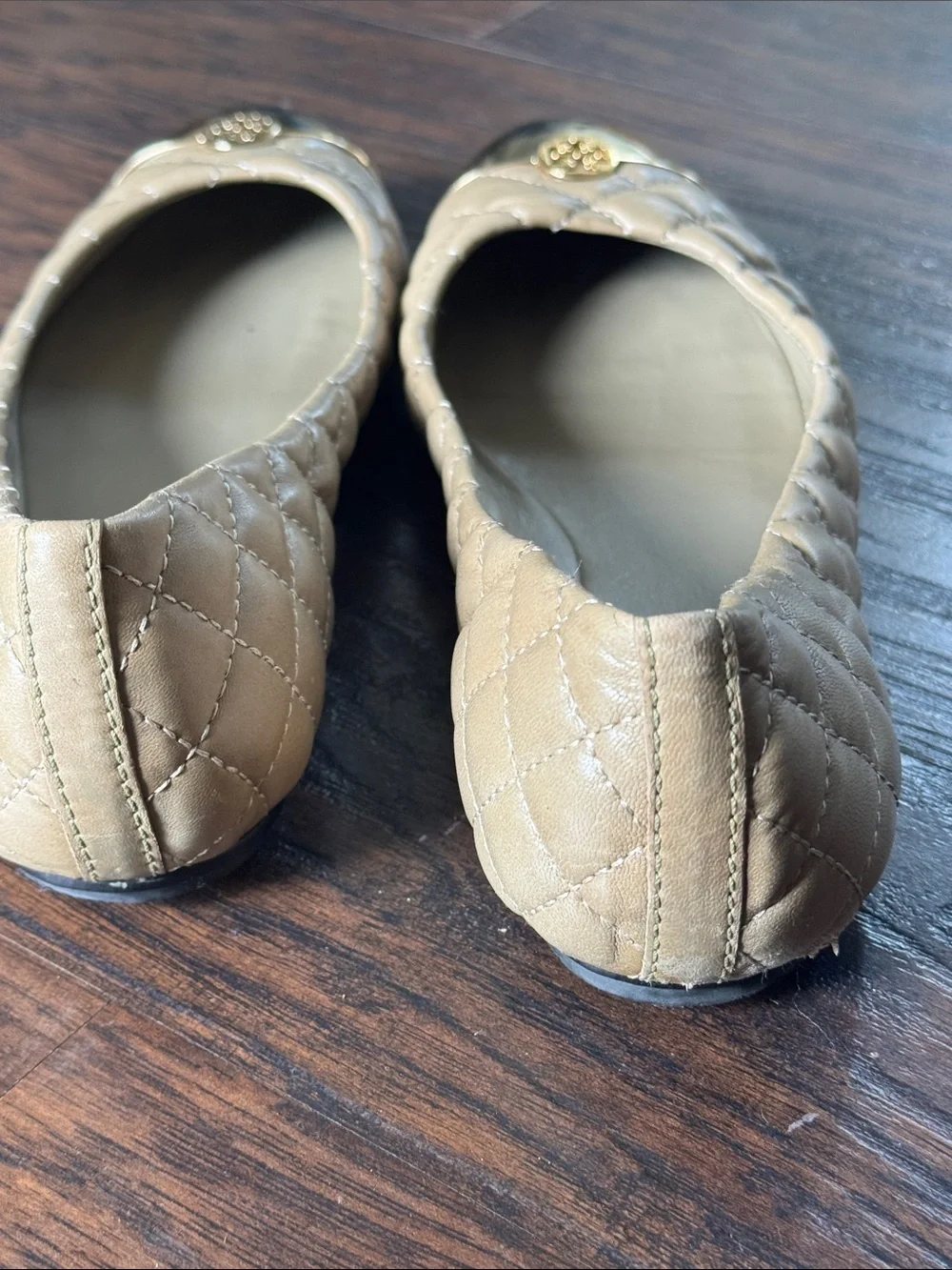 Tory Burch Quilted Beige Leather Ballet Flats with Gold Cap Toe Logo